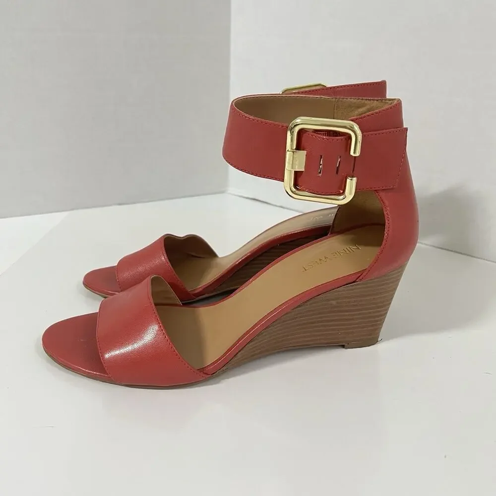 Nine West Sandals Women US 9 Orange Narcissus Leather Wedge Ankle Buckle